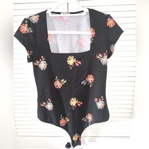 Infinitely Free People Womens Bodysuit Black Floral One Piece Square Neck Large